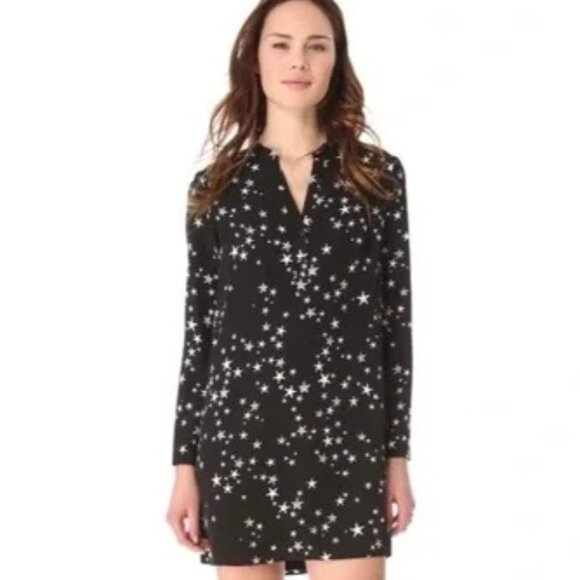 Tibi Star Printed 100% Silk Shift Long sleeve Cocktail Casual Tunic Dress 4 Smal - Picture 2 of 15